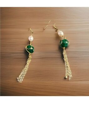 Sterling Silver Jade and Pearl Dangles-3”